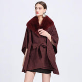 Faux Rex Rabbit Fur Collar Knit Shawl Cape - Nioor