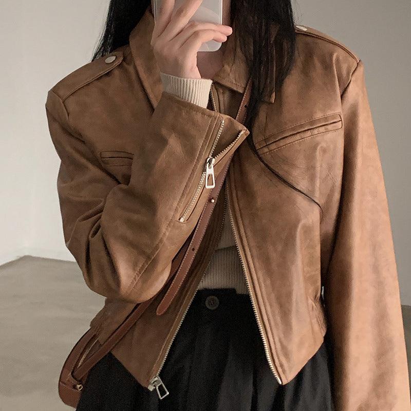 Solid Color Zipper Small Loose Lapels Fashion American Leather Coat Women's - Nioor