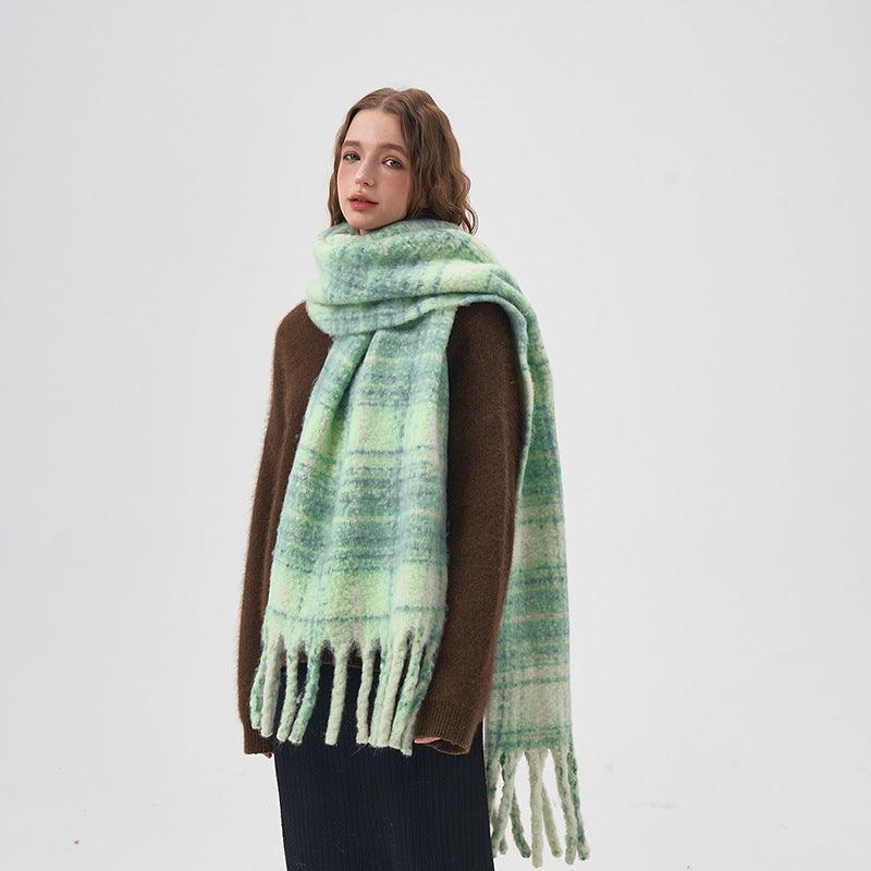 Women's White And Green Plaid Scarf - Nioor