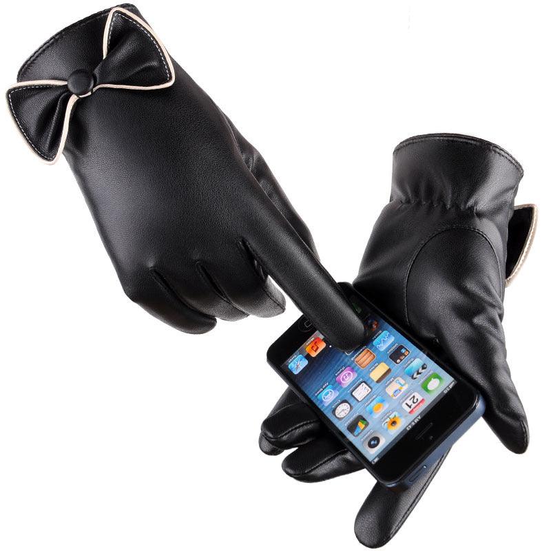 Women's Full-touch Screen PU Leather Warm Cycling Fashion Cute Bow Gloves - Nioor