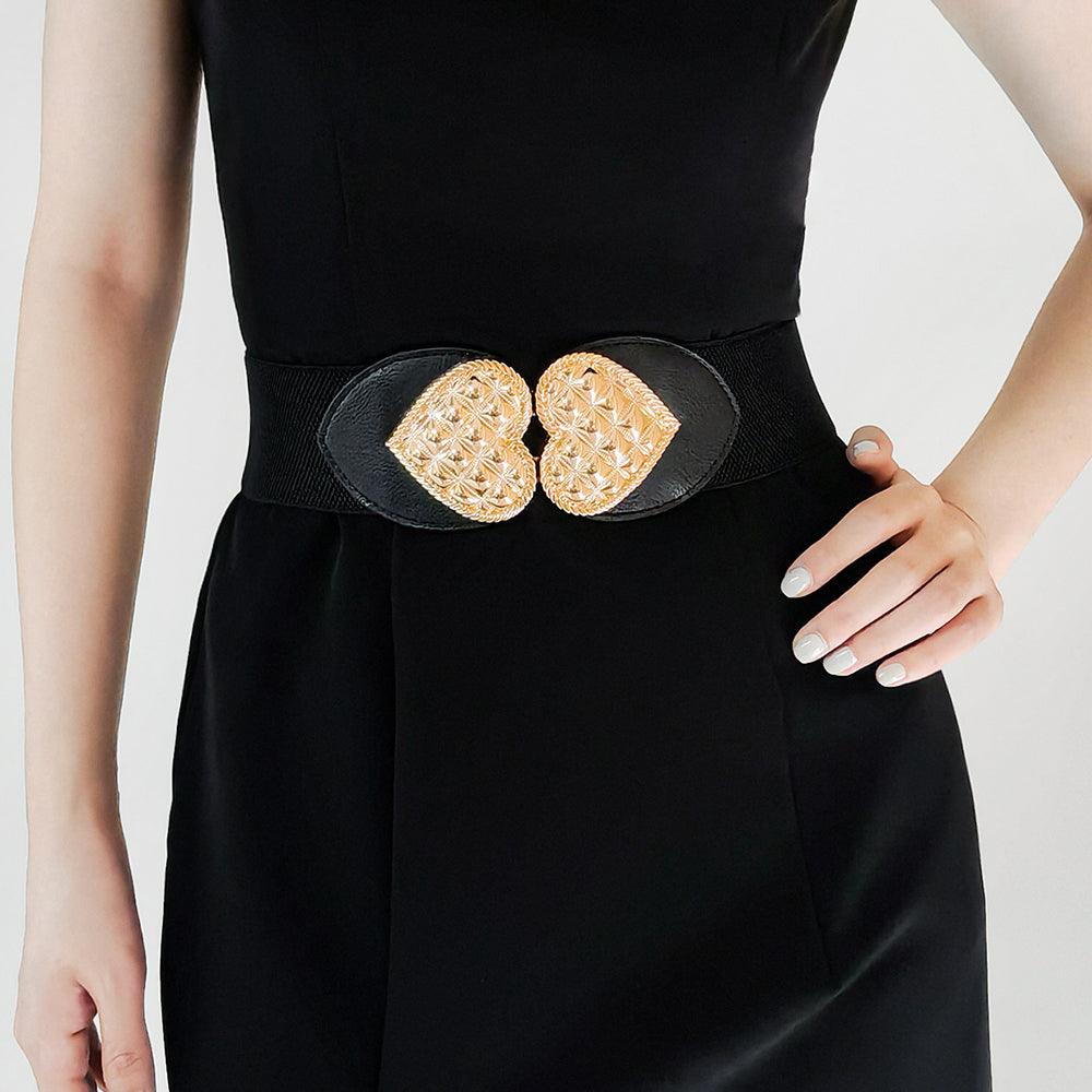 Women's Metal Exaggerated Big Love On Buckle Belt Elastic Elastic Wide Waist Dress Shirt Waist Cute Belt - Nioor