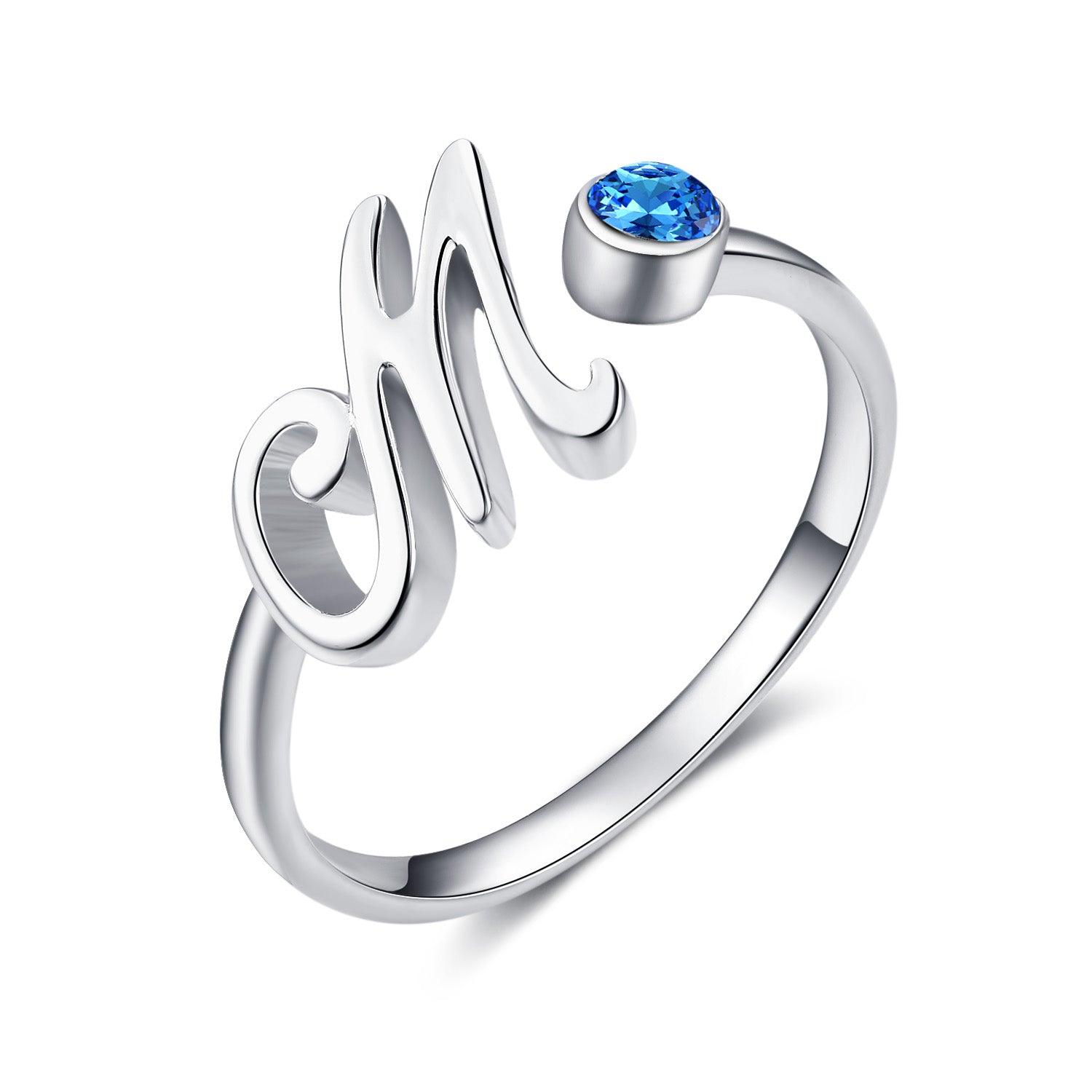 Blue Crystal Letter M Initial Alphabet Ring in 925 Sterling Silver - Nioor