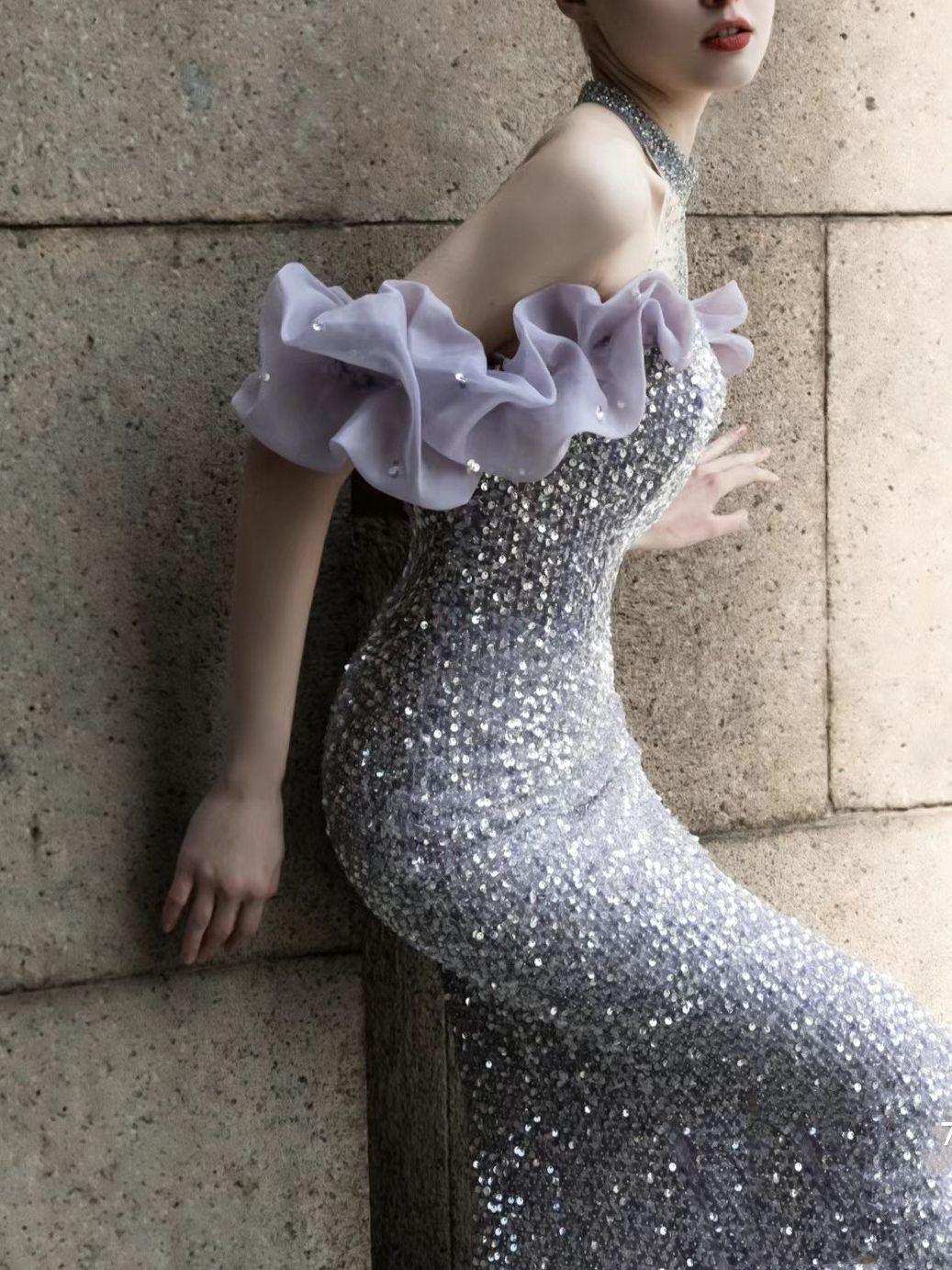 Purple Host Starry Sky Annual Meeting Beaded Toast Dress Halter Model Catwalk Fishtail - Nioor