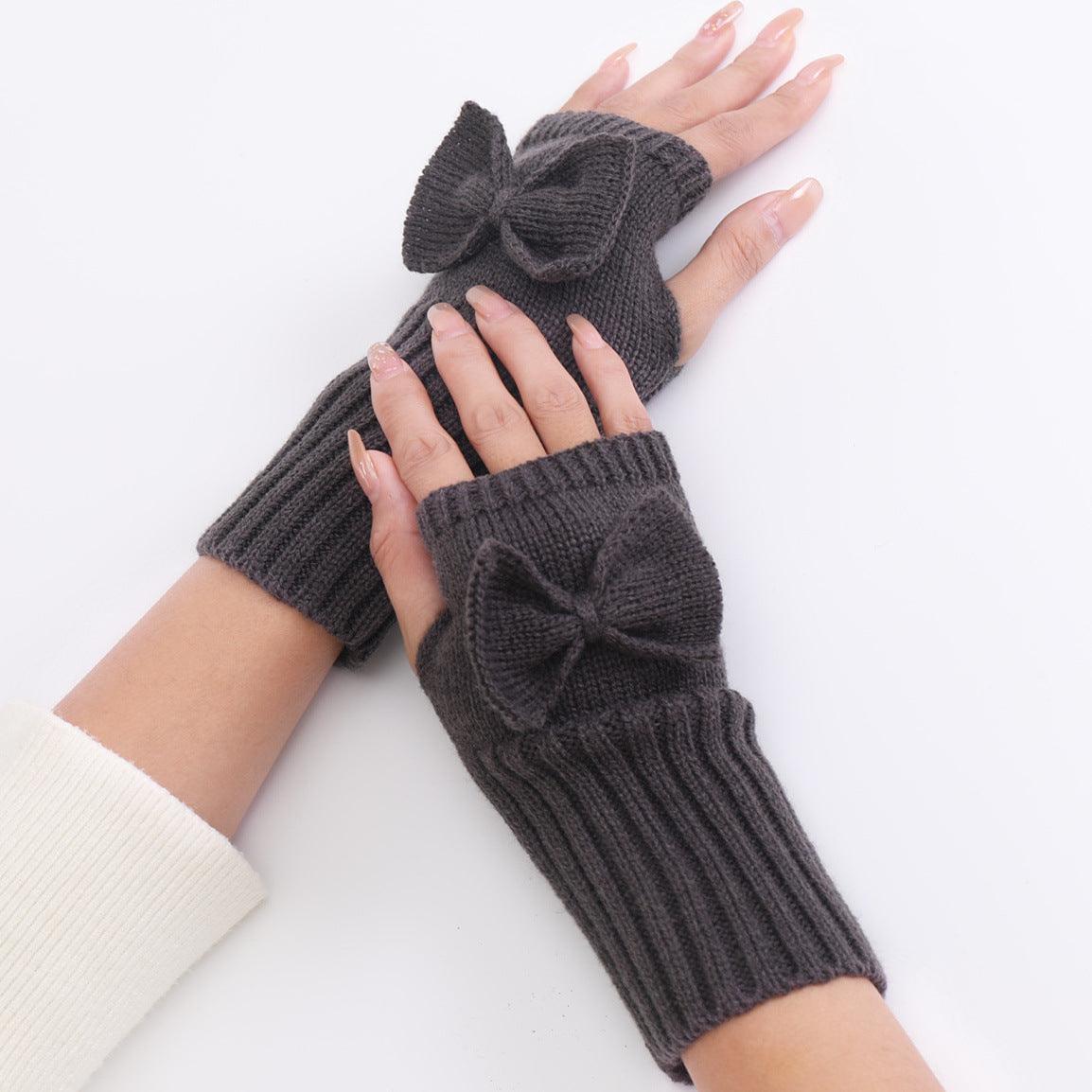 Bow Knitted Wool Keep Warm Half Finger Fingerless Gloves - Nioor