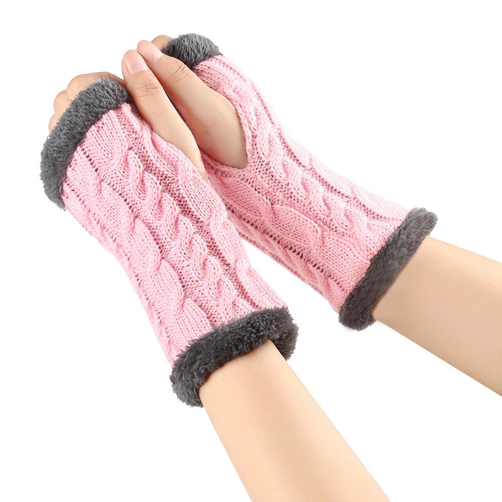 Winter Plush Gloves Twist Knitted Fingerless Fleece Gloves Women Warm Thickened Woolen Gloves - Nioor