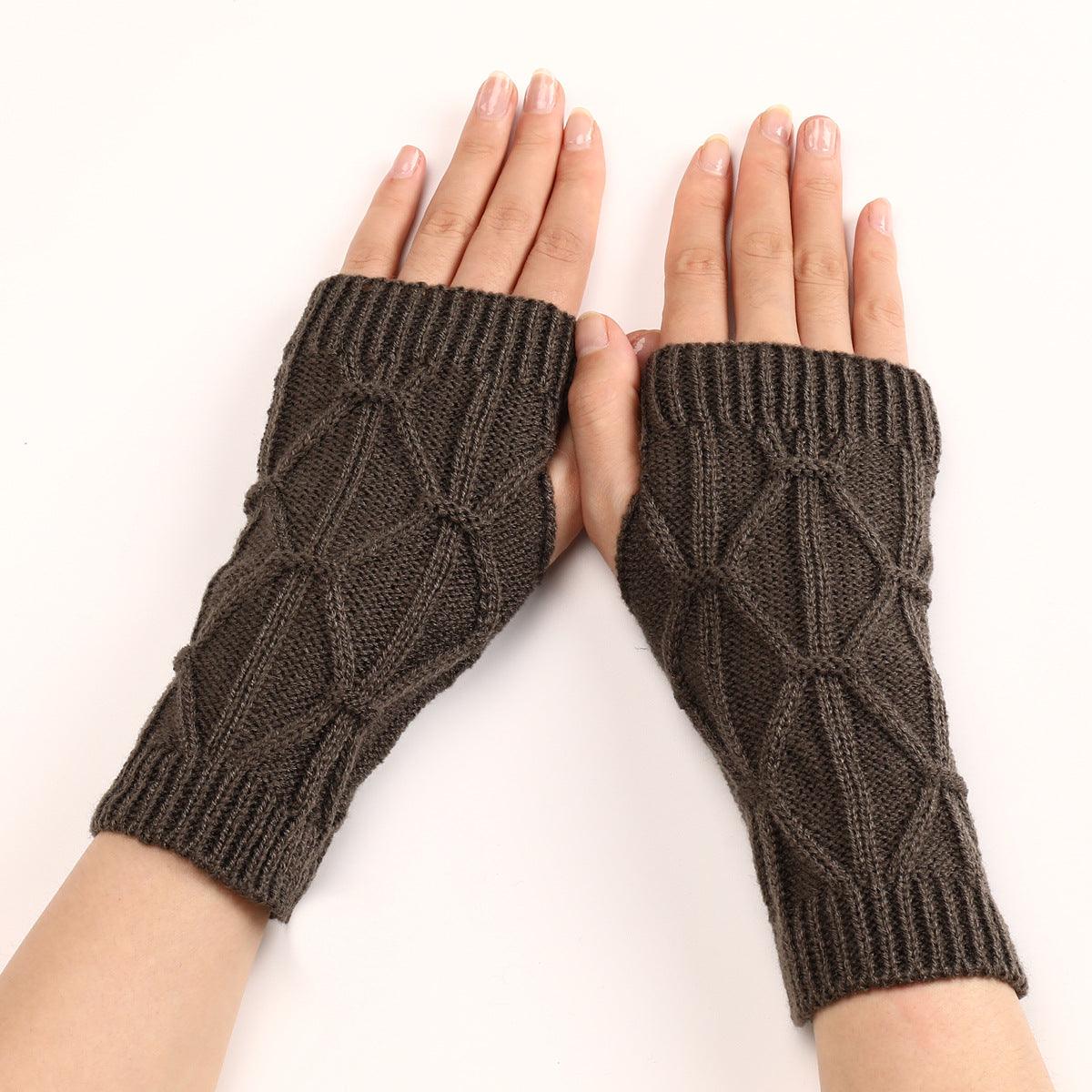 Rhombus Fashion Oversleeve Knitted Wool Keep Warm Half Finger Gloves - Nioor