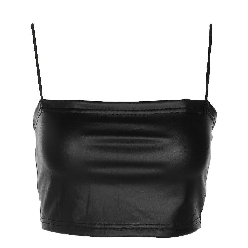 Chest Wrap Camisole Tube Tight Slimming Imitation Leather Off-shoulder Top - Nioor