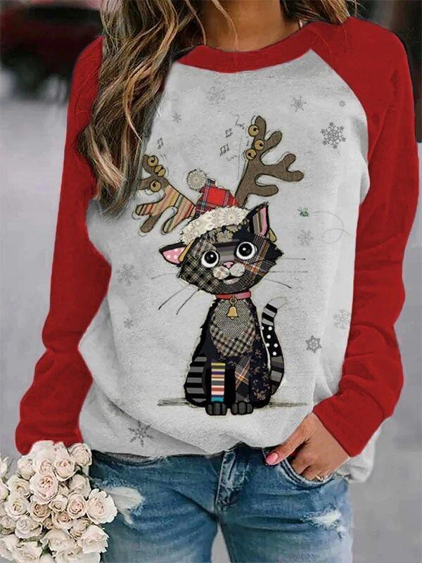 Christmas Print Crewneck Matching Color Long Sleeves - Nioor