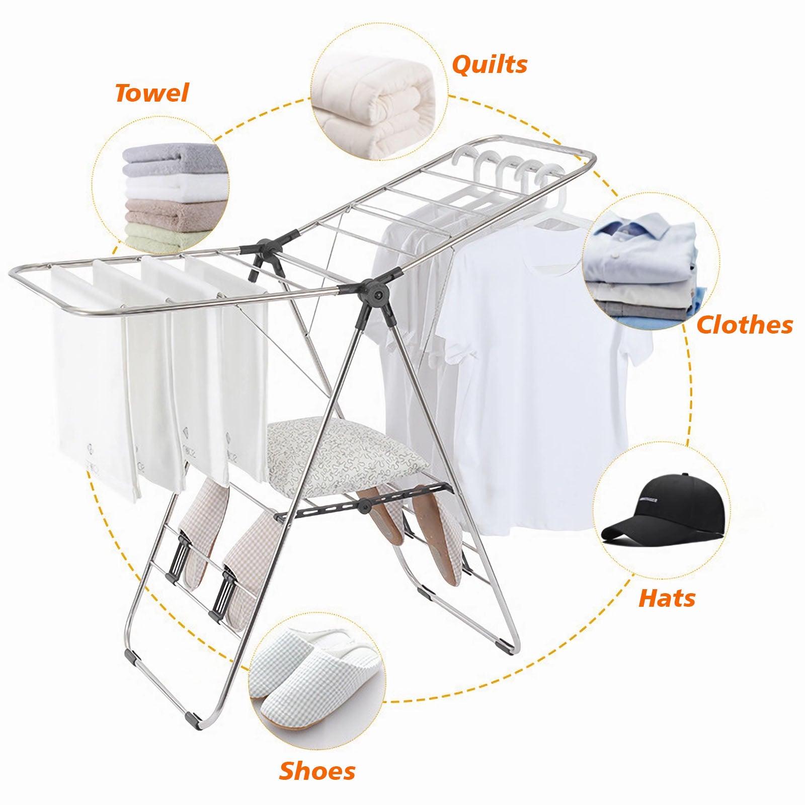 Clothes Drying Rack, Foldable 2-Layer Stainless Steel Laundry Drying Rack With Height Adjustable Gullwing, Laundry Rack For Drying Clothes, Towels, Shoes And Socks, Hats, Quilts - Nioor