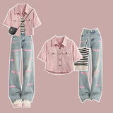 Color Denim Jacket Inner Suspender With Jeans Three-piece Set - Nioor