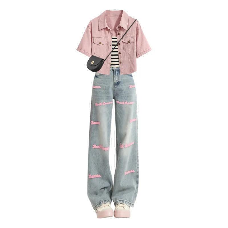 Color Denim Jacket Inner Suspender With Jeans Three-piece Set - Nioor