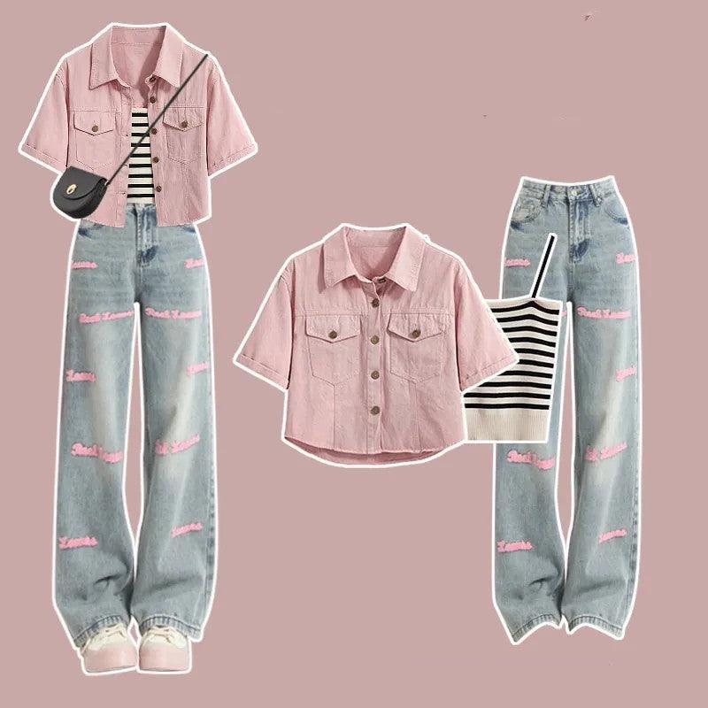 Color Denim Jacket Inner Suspender With Jeans Three-piece Set - Nioor