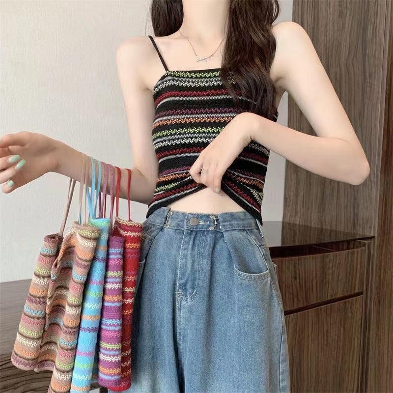 Colorful Striped Knitted Small Suspender Women's Vest - Nioor