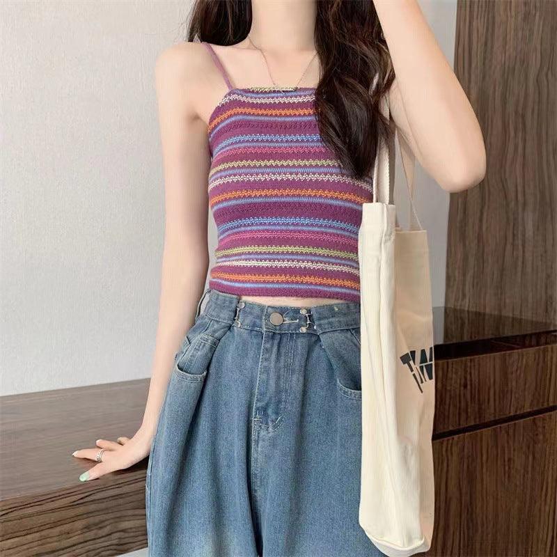 Colorful Striped Knitted Small Suspender Women's Vest - Nioor