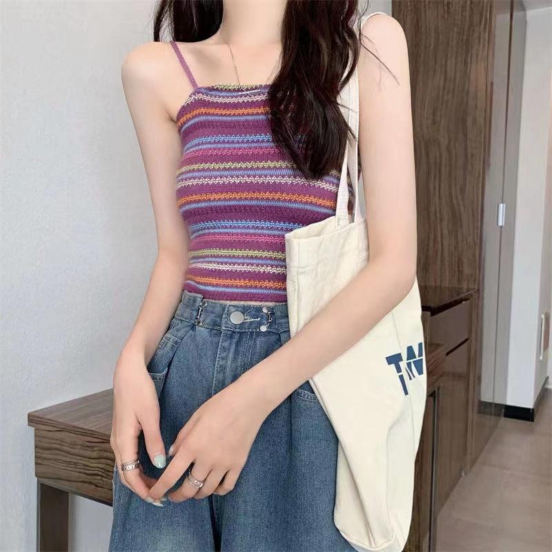 Colorful Striped Knitted Small Suspender Women's Vest - Nioor