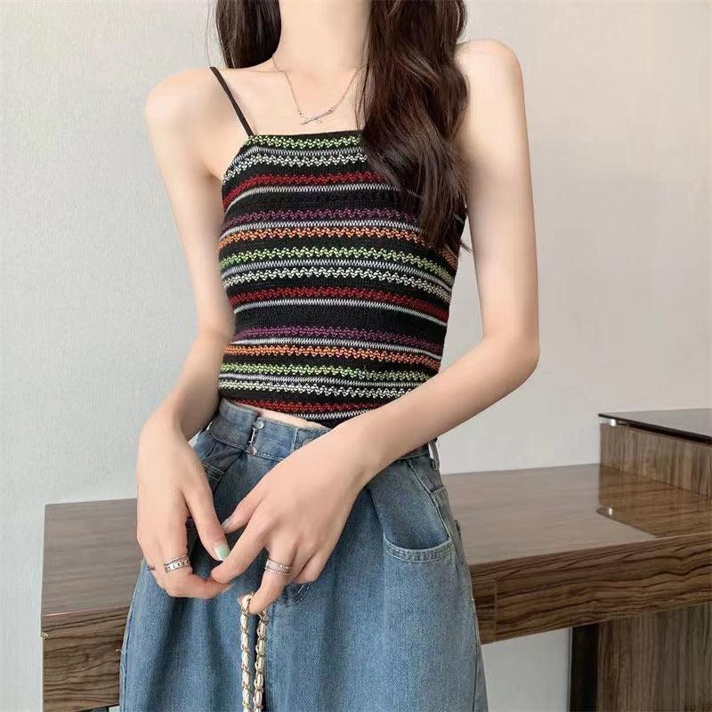 Colorful Striped Knitted Small Suspender Women's Vest - Nioor