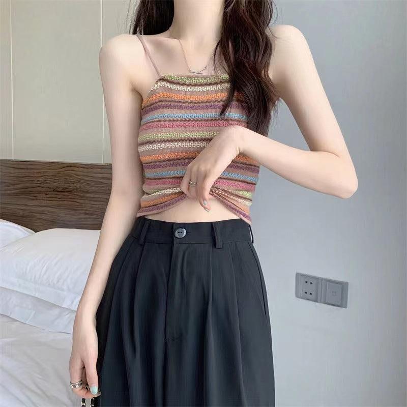 Colorful Striped Knitted Small Suspender Women's Vest - Nioor