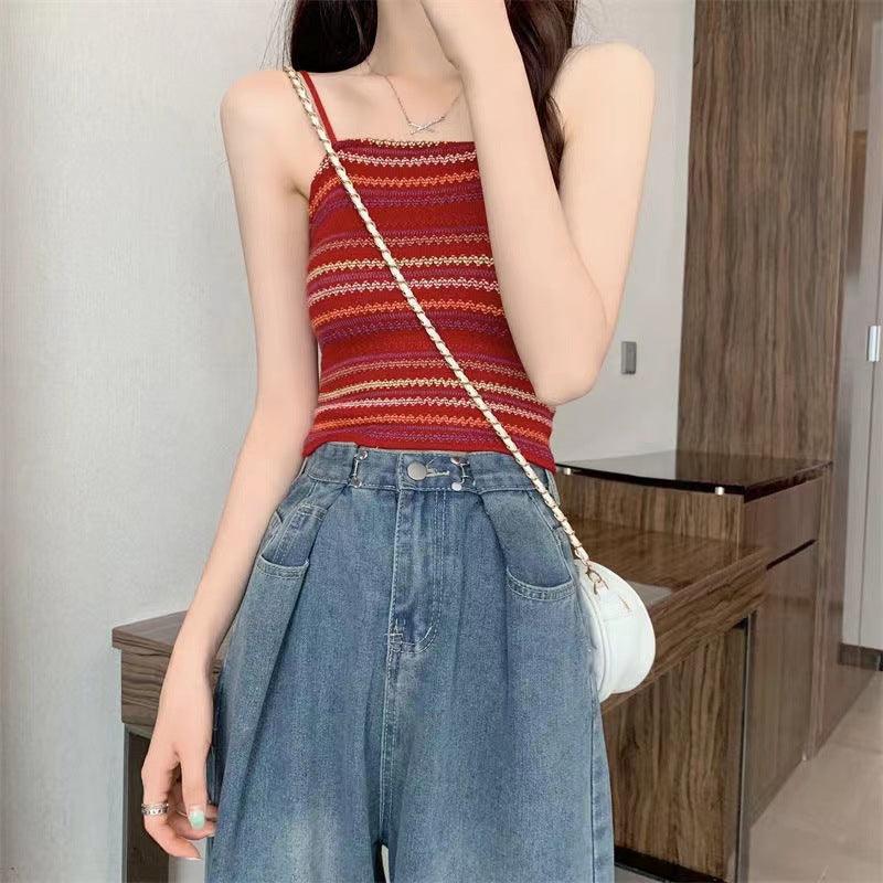 Colorful Striped Knitted Small Suspender Women's Vest - Nioor