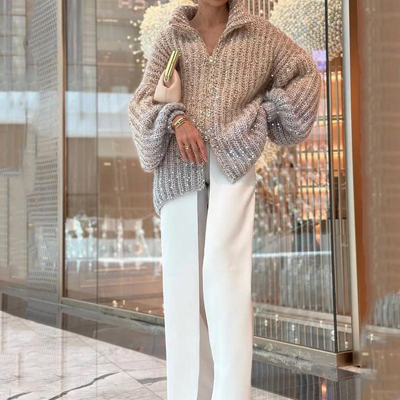 Comfortable Sequined V-neck Sweater - Nioor