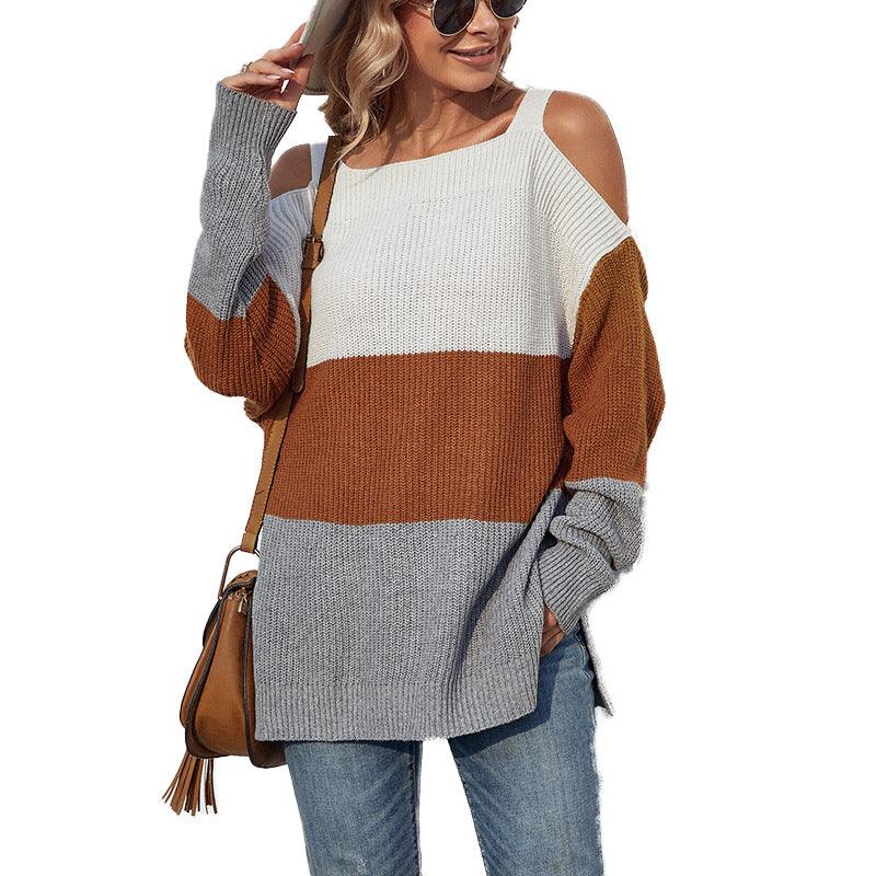 Contrast Color Off-the-shoulder Split Sling Sweater - Nioor