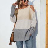 Contrast Color Off-the-shoulder Split Sling Sweater - Nioor