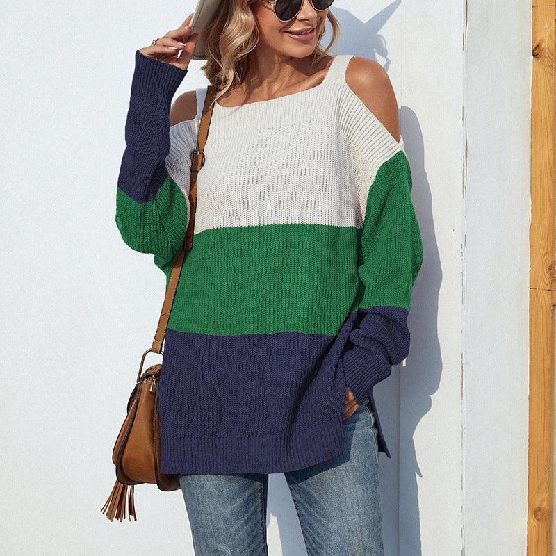 Contrast Color Off-the-shoulder Split Sling Sweater - Nioor