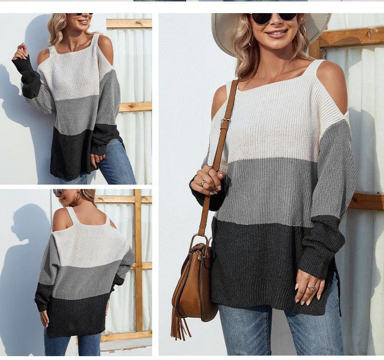 Contrast Color Off-the-shoulder Split Sling Sweater - Nioor