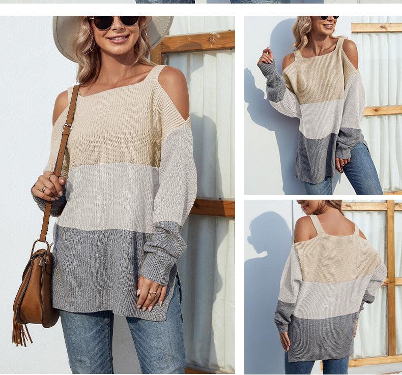 Contrast Color Off-the-shoulder Split Sling Sweater - Nioor