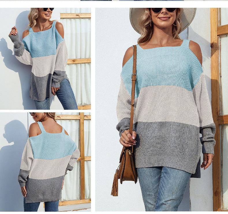 Contrast Color Off-the-shoulder Split Sling Sweater - Nioor