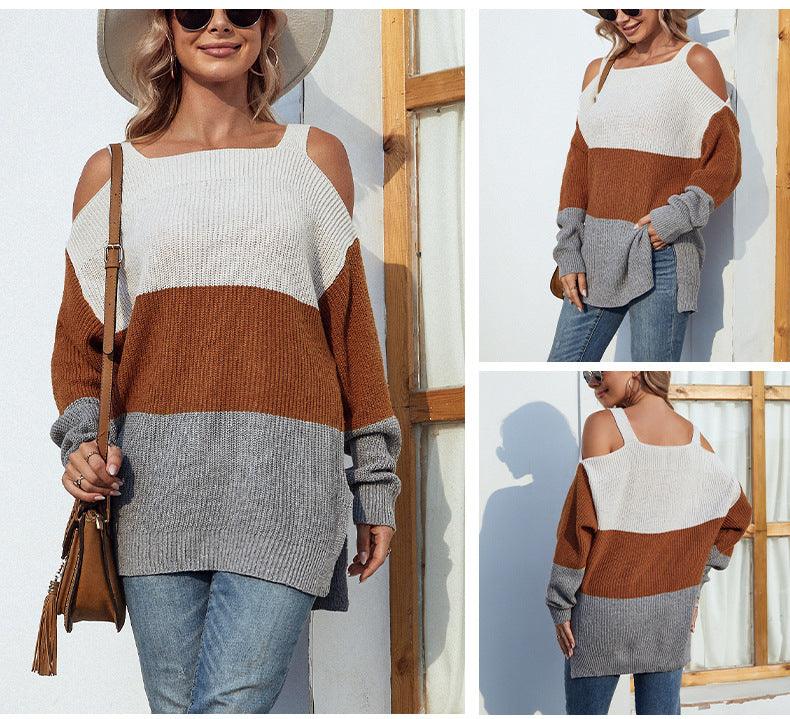 Contrast Color Off-the-shoulder Split Sling Sweater - Nioor