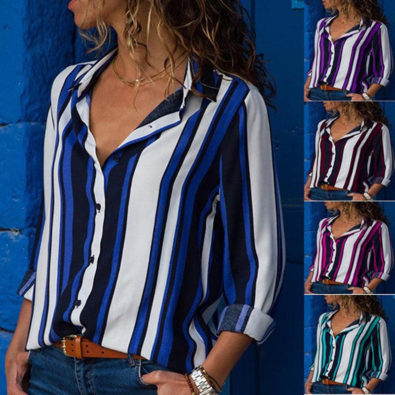 Contrast Color Striped Long Sleeve Multi-color Shirt Women's Top - Nioor