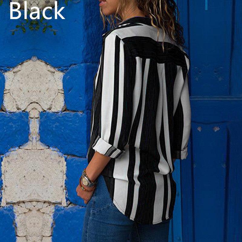 Contrast Color Striped Long Sleeve Multi-color Shirt Women's Top - Nioor