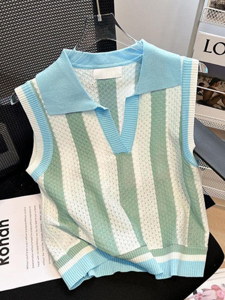 Contrast Color Stripes Polo Collar Sleeveless Knitwear Women - Nioor