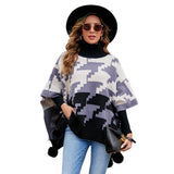 Contrast Color Turtleneck Fur Ball Warm Foreign Trade Fashion Shawl Cape Women - Nioor