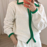 Contrast Thick Needle Zipper Cardigan Sweater Coat Women's Vintage Lapel - Nioor