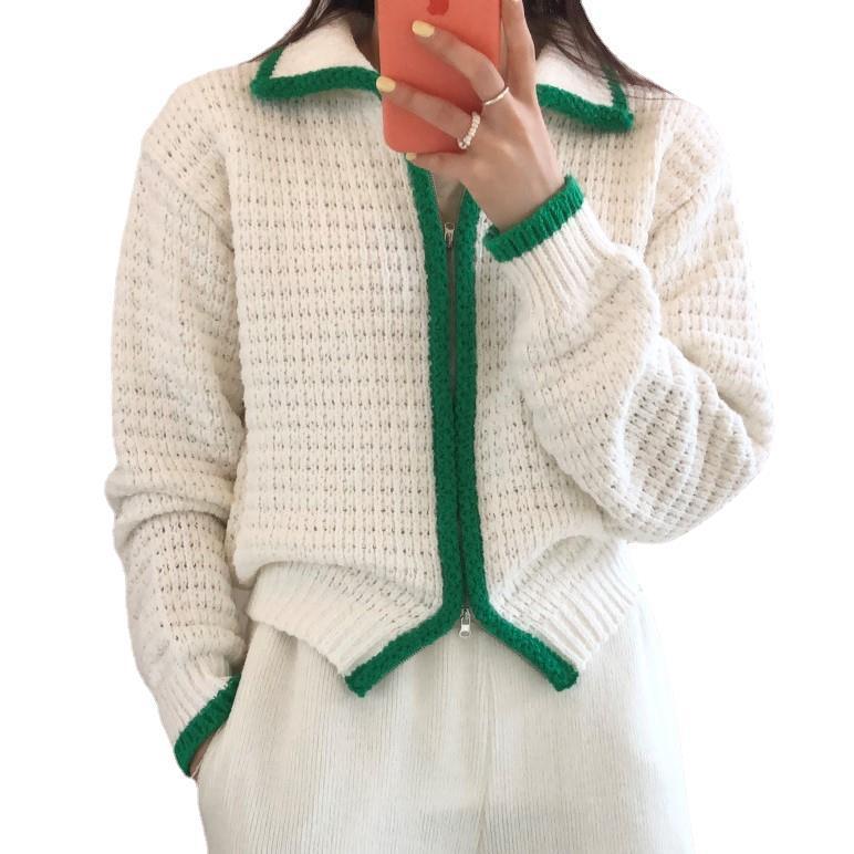 Contrast Thick Needle Zipper Cardigan Sweater Coat Women's Vintage Lapel - Nioor