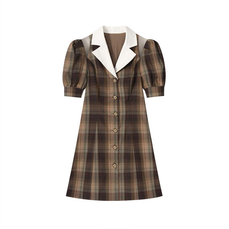 Contrasting Lapel Lapel Sweet Waist Ladies Retro Dress - Nioor