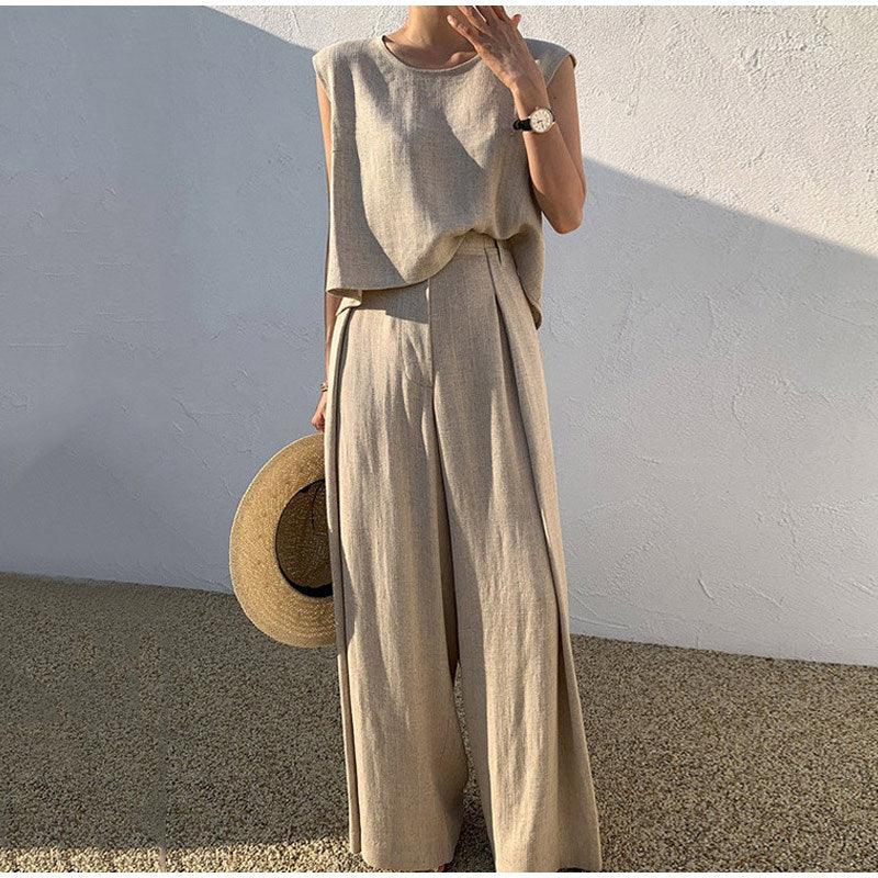 Cotton And Linen Casual Sleeveless Top Wide Leg Pants Two-piece Set - Nioor