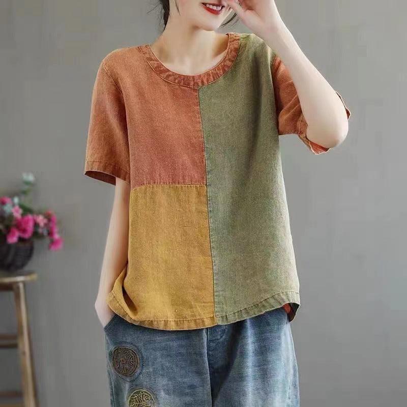 Cotton Linen Contrast Color T-shirt Artistic Design Half Sleeve Women - Nioor