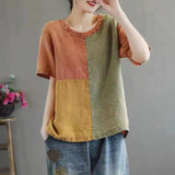 Cotton Linen Contrast Color T-shirt Artistic Design Half Sleeve Women - Nioor