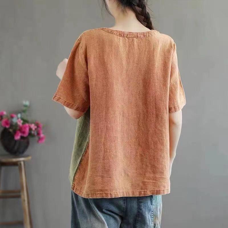 Cotton Linen Contrast Color T-shirt Artistic Design Half Sleeve Women - Nioor