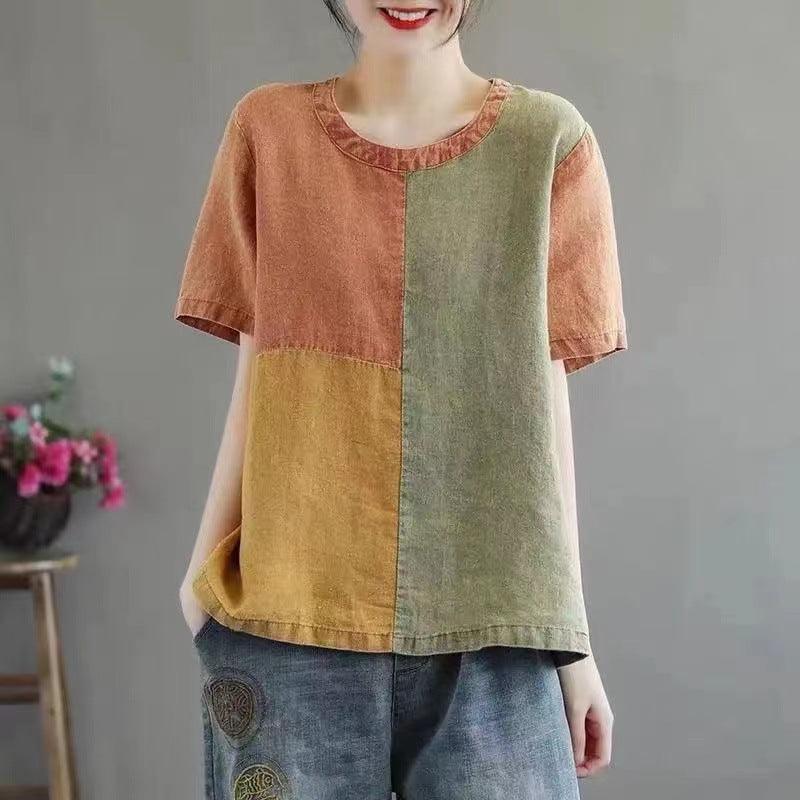 Cotton Linen Contrast Color T-shirt Artistic Design Half Sleeve Women - Nioor