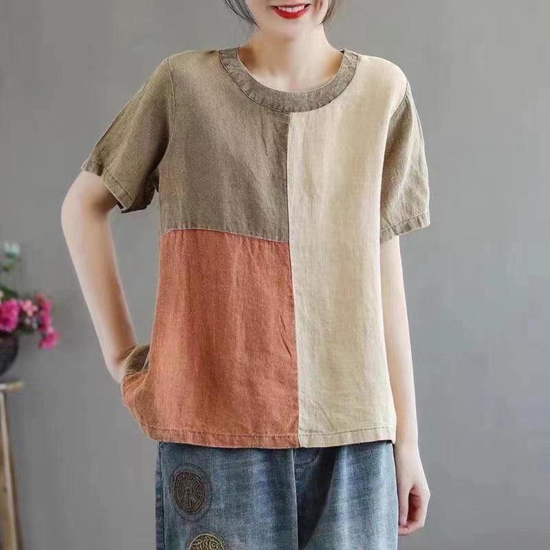 Cotton Linen Contrast Color T-shirt Artistic Design Half Sleeve Women - Nioor