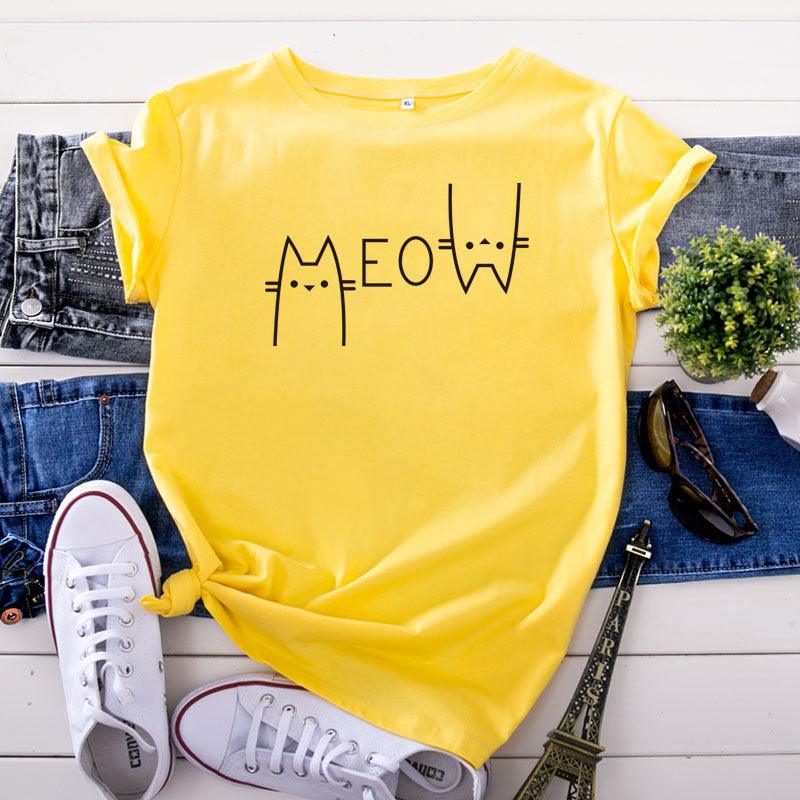 Creative Casual Cat Letter Cotton Short-sleeved T-shirt Women's Clothing - Nioor