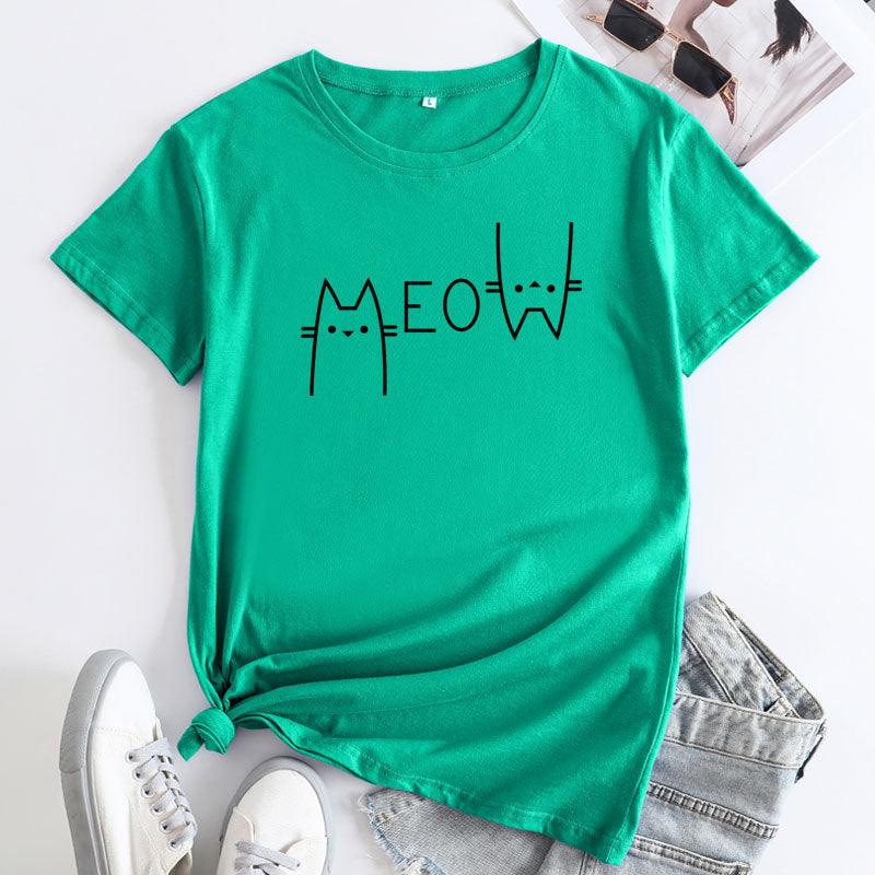 Creative Casual Cat Letter Cotton Short-sleeved T-shirt Women's Clothing - Nioor