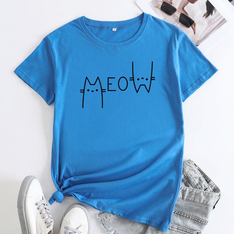 Creative Casual Cat Letter Cotton Short-sleeved T-shirt Women's Clothing - Nioor