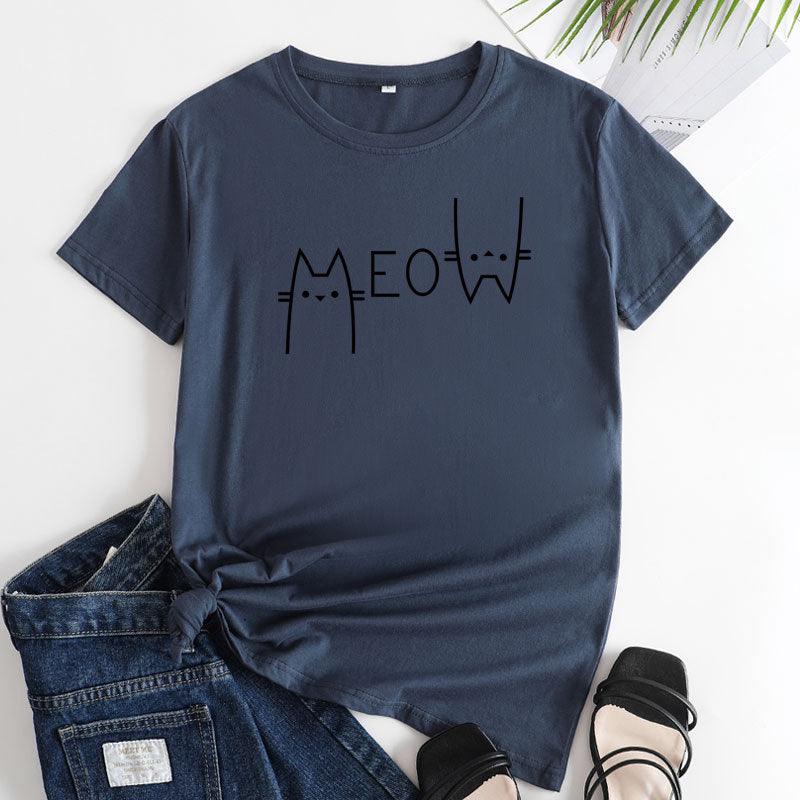 Creative Casual Cat Letter Cotton Short-sleeved T-shirt Women's Clothing - Nioor