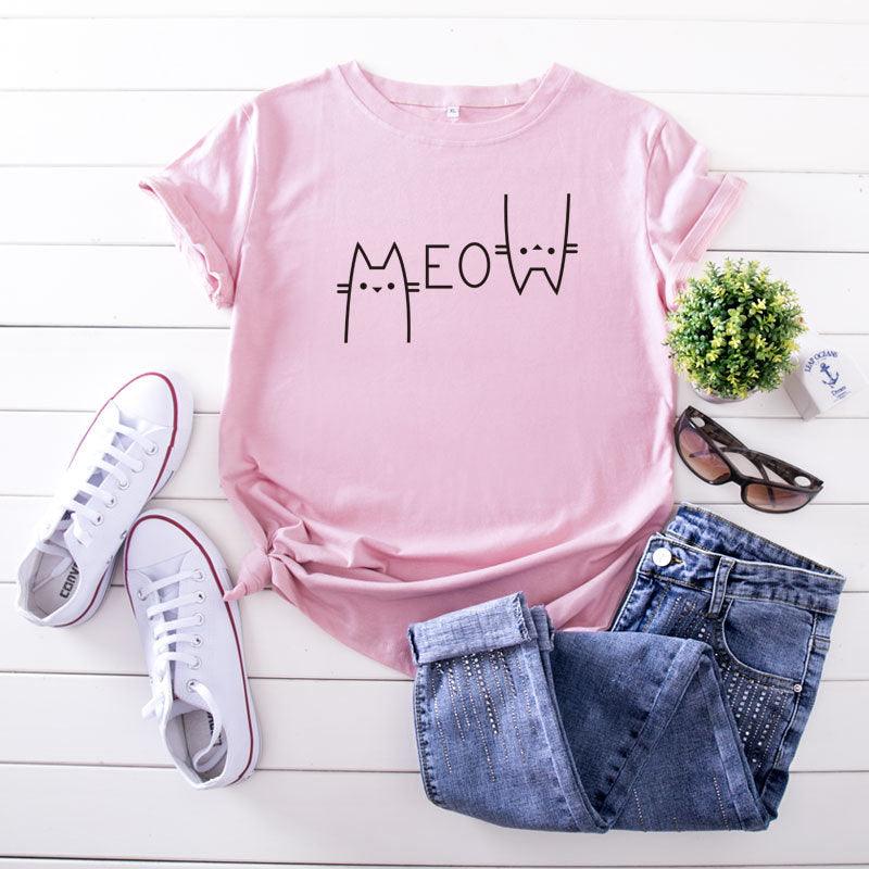 Creative Casual Cat Letter Cotton Short-sleeved T-shirt Women's Clothing - Nioor