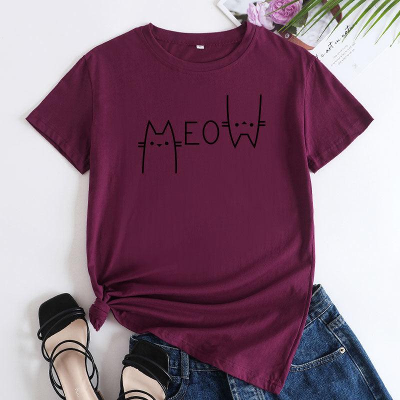 Creative Casual Cat Letter Cotton Short-sleeved T-shirt Women's Clothing - Nioor