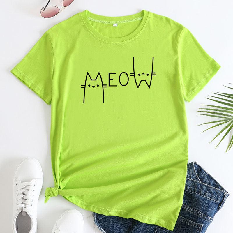 Creative Casual Cat Letter Cotton Short-sleeved T-shirt Women's Clothing - Nioor